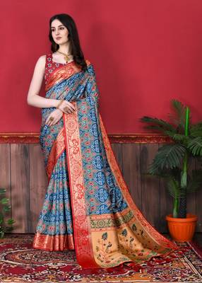 Blue Soft Raw Silk Digital Print Patola Saree with Blouse For Women 2