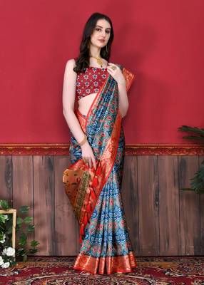 Blue Soft Raw Silk Digital Print Patola Saree with Blouse For Women 3