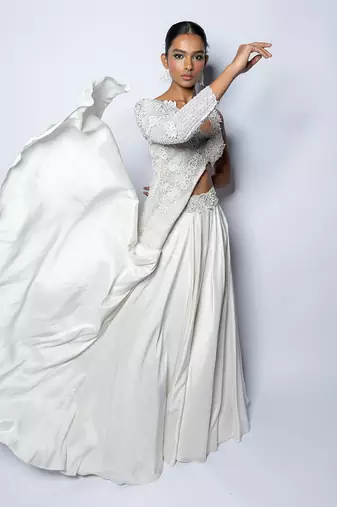 Argent White Assymetrical Embellished Jacket Set