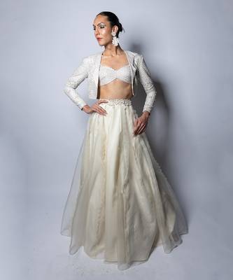 Argent White Embroidered Jacket Blouse & Textured Skirt 1