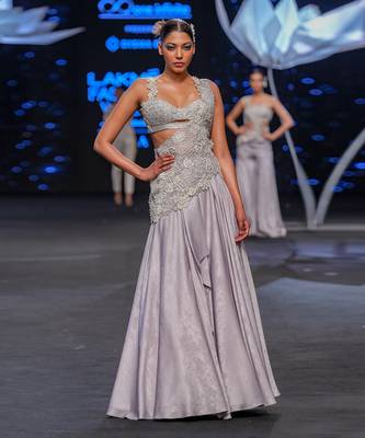 Lustrous Silver Skirt With Hand Embroidered Drape Set 1