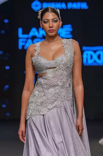 Lustrous Silver Skirt With Hand Embroidered Drape Set