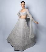 Lustrous Silver Raw Silk Hand Embroidered Lehenga Set