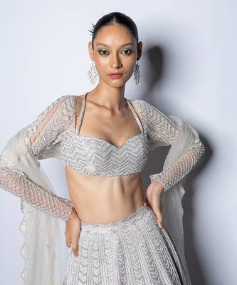 Lustrous Silver Raw Silk Hand Embroidered Lehenga Set 2