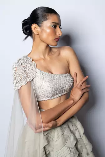 Valentine Silver Organza Pleated Lehenga Set