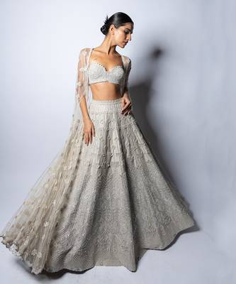 Valentine Silver Embroidered Long Jacket Lehenga Set 1