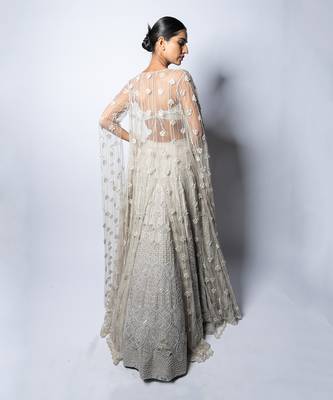 Valentine Silver Embroidered Long Jacket Lehenga Set 2