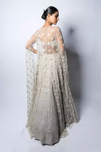 Valentine Silver Embroidered Long Jacket Lehenga Set