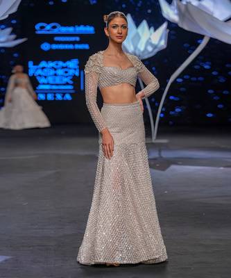 Lustrous Silver Sheer Box Pleat Lehenga Set 1