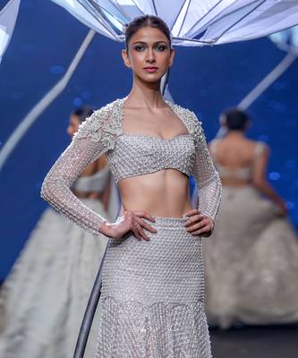 Lustrous Silver Sheer Box Pleat Lehenga Set 2