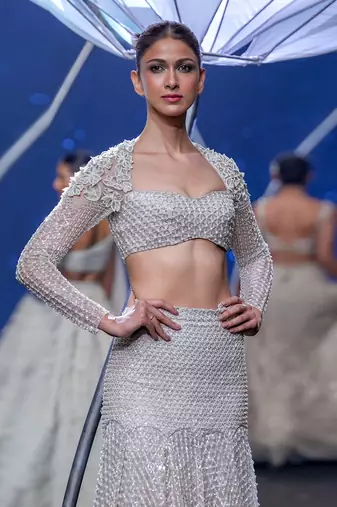 Lustrous Silver Sheer Box Pleat Lehenga Set