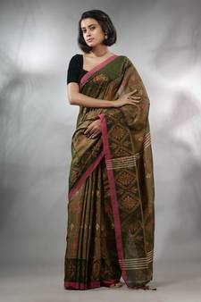 Sap Green Tissue Handwoven Soft Saree With Texture Designs
