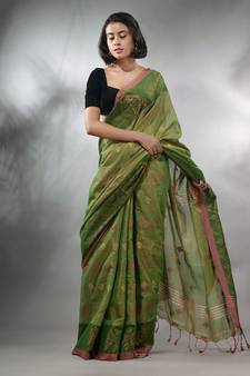 Green Tissue Handwoven Soft Saree With Texture Designs