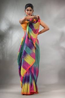Teal Cotton Blend Handwoven Saree With Ikkat Pattern
