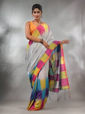 White Cotton Blend Handwoven Saree With Ikkat Pattern 1