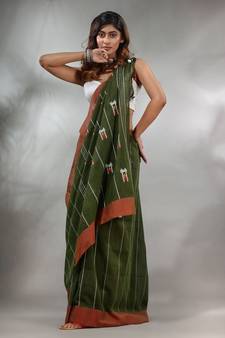 Crocodile Green Cotton Handspun Handwoven Saree With Stripe Design