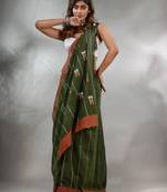 Crocodile Green Cotton Handspun Handwoven Saree With Stripe Design