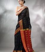 Black Handwoven Cotton Silk Saree With Geometric Designs