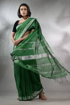 Green Cotton Silk Handwoven Saree With Zari Woven Stripes Pallu