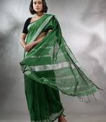 Green Cotton Silk Handwoven Saree With Zari Woven Stripes Pallu