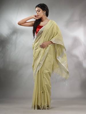 Ecru Cotton Silk Handwoven Saree With Zari Woven Stripes Pallu 1