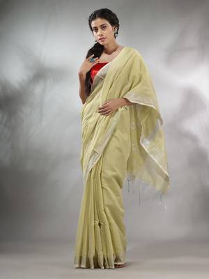 Ecru Cotton Silk Handwoven Saree With Zari Woven Stripes Pallu 2