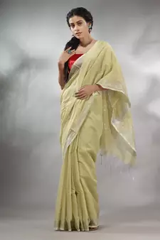 Ecru Cotton Silk Handwoven Saree With Zari Woven Stripes Pallu