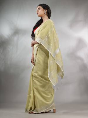 Ecru Cotton Silk Handwoven Saree With Zari Woven Stripes Pallu 3