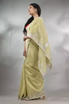Ecru Cotton Silk Handwoven Saree With Zari Woven Stripes Pallu