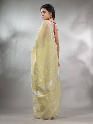 Ecru Cotton Silk Handwoven Saree With Zari Woven Stripes Pallu 4