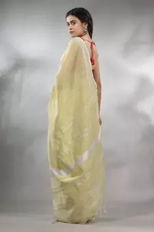 Ecru Cotton Silk Handwoven Saree With Zari Woven Stripes Pallu