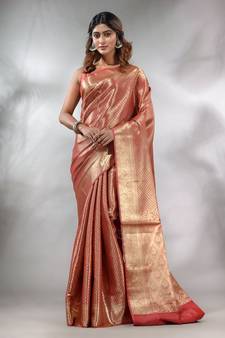 Maroon Handwoven Brocade Silk Saree With Zari Woven Designs