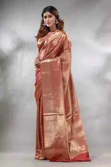 Maroon Handwoven Brocade Silk Saree With Zari Woven Designs