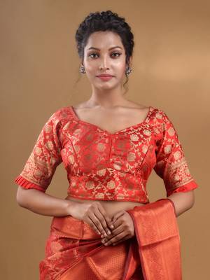 Red Blended Silk Blouse With Floral Zari Designs Free Size 1