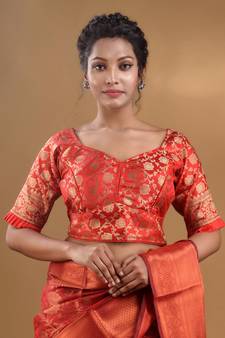 Red Blended Silk Blouse With Floral Zari Designs Free Size