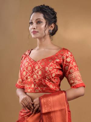 Red Blended Silk Blouse With Floral Zari Designs Free Size 2