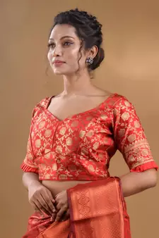 Red Blended Silk Blouse With Floral Zari Designs Free Size