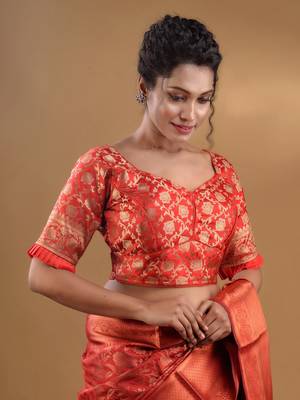 Red Blended Silk Blouse With Floral Zari Designs Free Size 3