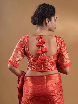 Red Blended Silk Blouse With Floral Zari Designs Free Size 4