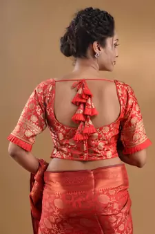 Red Blended Silk Blouse With Floral Zari Designs Free Size