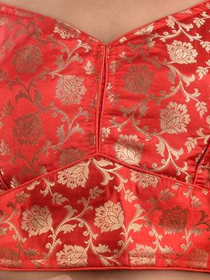 Red Blended Silk Blouse With Floral Zari Designs Free Size 5