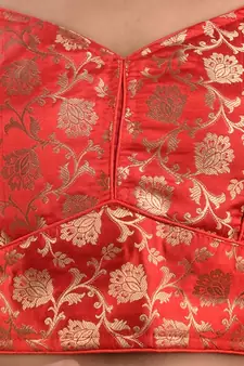 Red Blended Silk Blouse With Floral Zari Designs Free Size