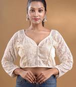 White Chikankari Blouse With Paisley Designs And Sequins Free Size