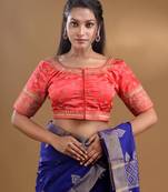 Red Blended Silk Blouse With Zari Embroidery And Stone Work Free Size