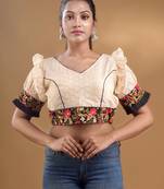 Off White And Black Hakoba Cotton Blouse With Floral Embroidery And Ruffles Free Size