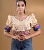 Off White And Blue Hakoba Cotton Blouse With Floral Embroidery And Ruffles Free Size