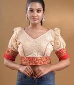 Off White And Red Hakoba Cotton Blouse With Floral Embroidery And Ruffles Free Size