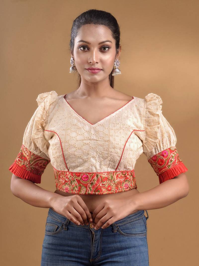 Off White And Red Hakoba Cotton Blouse With Floral Embroidery And Ruffles Free Size