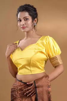Yellow And Golden Blended Silk Blouse Free Size