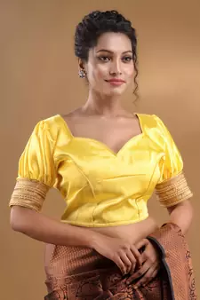 Yellow And Golden Blended Silk Blouse Free Size